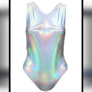 Just Polly Silver Metallic Bodysuit Rainbow Holographic Mirrored Costume Party